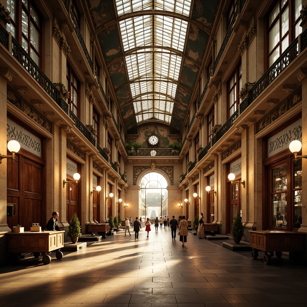 Prompt: Grand Renaissance-style train station, ornate stone fa\u00e7ade, intricately carved wooden doors, stained glass ceilings, ironwork balconies, marble floors, vintage luggage carts, antique clocks, warm golden lighting, soft focus, shallow depth of field, 1/2 composition, symmetrical architecture, neoclassical elements, rusticated quoins, arched windows, grand chandeliers, frescoed ceilings, ornate moldings, elegant typography.