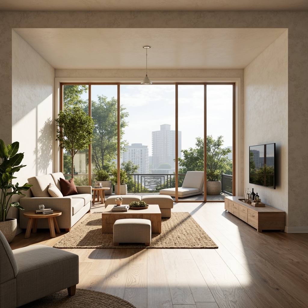 Prompt: \Spacious living room, floor-to-ceiling windows, sliding glass doors, minimalist decor, creamy white walls, polished wooden floors, greenery-filled balconies, cityscape views, morning sunlight, soft warm glow, shallow depth of field, 1/1 composition, realistic textures, ambient occlusion, natural stone accents, woven textiles, organic shapes, airy atmosphere, optimized layouts, functional furniture, sustainable building materials.\Let me know if you need any adjustments!