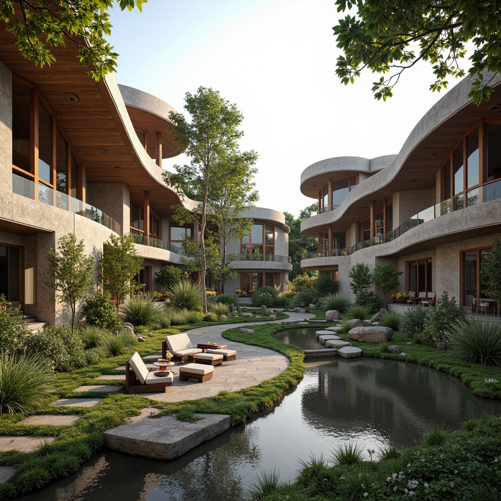 Prompt: Seamless landscape integration, organic curves, natural stone walls, green roofs, cantilevered structures, wooden accents, floor-to-ceiling windows, sliding glass doors, panoramic views, serene water features, lush vegetation, meandering pathways, rustic benches, warm lighting, shallow depth of field, 3/4 composition, realistic textures, ambient occlusion.