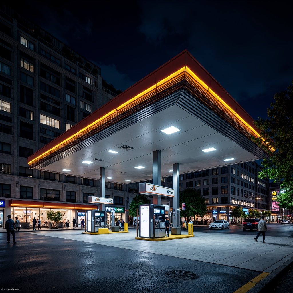 Prompt: Modern gas station, sleek metal canopy, LED lighting, bold color scheme, angular lines, minimalist design, futuristic aesthetic, urban landscape, busy street scene, nighttime ambiance, high-contrast lighting, shallow depth of field, 3/4 composition, panoramic view, realistic textures, ambient occlusion, stainless steel accents, industrial materials, neon signage, reflective glass surfaces, cantilevered rooflines, geometric patterns, dynamic shapes.