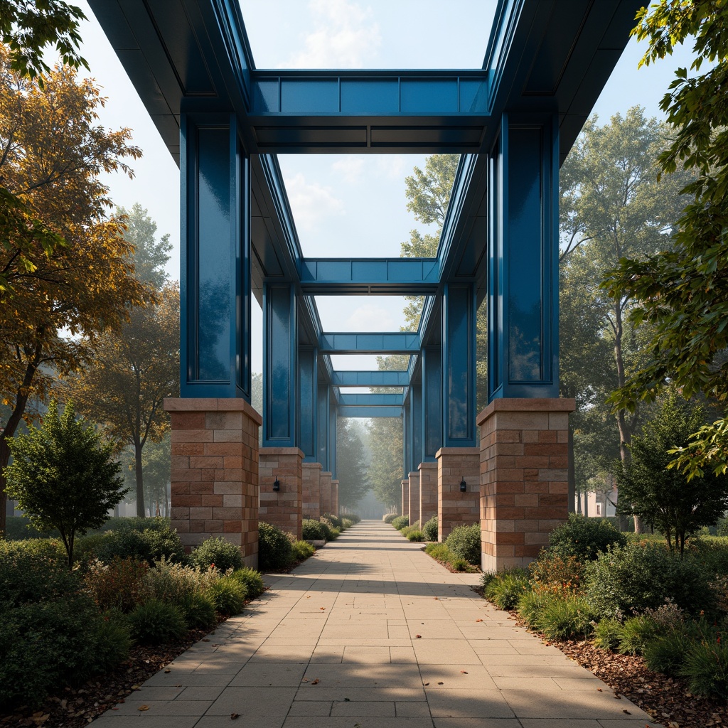 Prompt: Vibrant blue steel beams, rustic brown stone foundations, weathered copper accents, industrial grey concrete piers, warm beige pedestrian walkways, rich green foliage surroundings, misty morning atmosphere, soft golden lighting, shallow depth of field, 2/3 composition, symmetrical architecture, realistic metallic textures, ambient occlusion.