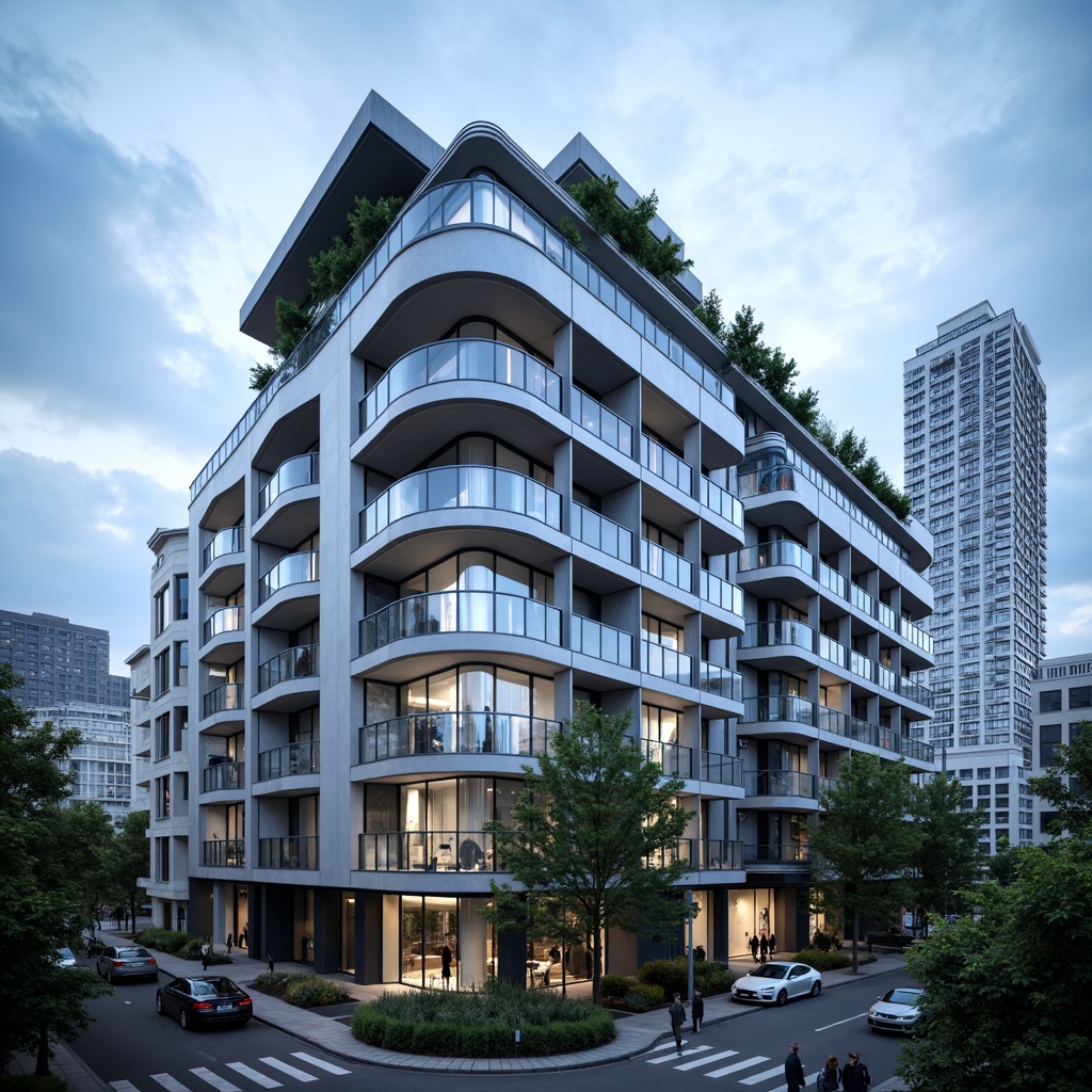 Prompt: Modern building facade, sleek glass surfaces, metallic frames, minimalist aesthetic, functional solar shading systems, energy-efficient LED lighting, cantilevered rooflines, asymmetrical composition, urban cityscape background, cloudy blue sky, soft natural light, shallow depth of field, 2/3 composition, realistic textures, ambient occlusion.