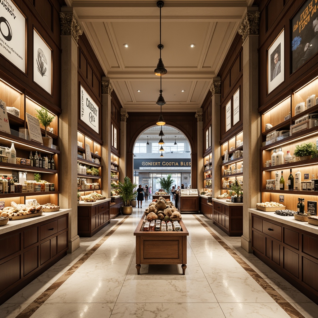 Prompt: Elegant grocery store interior, high ceilings, ornate moldings, marble countertops, polished wooden shelves, vintage-inspired signage, sophisticated color palette, neutral tones, warm lighting, subtle texture contrasts, refined product displays, classical columns, arches, symmetrical composition, 1/1 framing, shallow depth of field, realistic reflections, ambient occlusion.