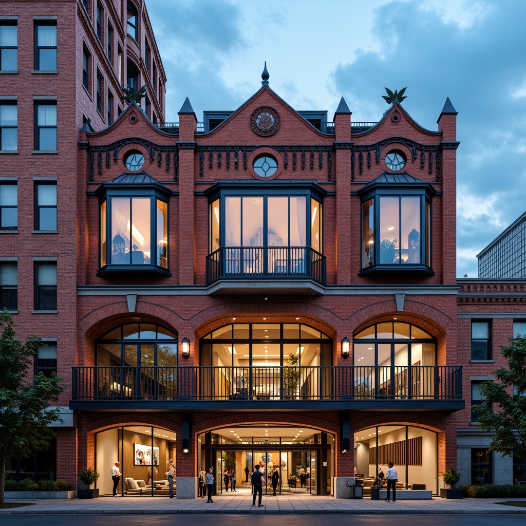 Prompt: Vibrant gymnasium facade, eclectic style, ornate brick patterns, grandiose arches, intricate stone carvings, ornamental metalwork, decorative balconies, asymmetrical composition, bold color contrasts, dynamic angular lines, rustic wooden accents, industrial-style steel beams, large glass windows, urban cityscape background, cloudy blue sky, dramatic warm lighting, high-contrast shading, 2/3 composition, detailed textures, realistic reflections.