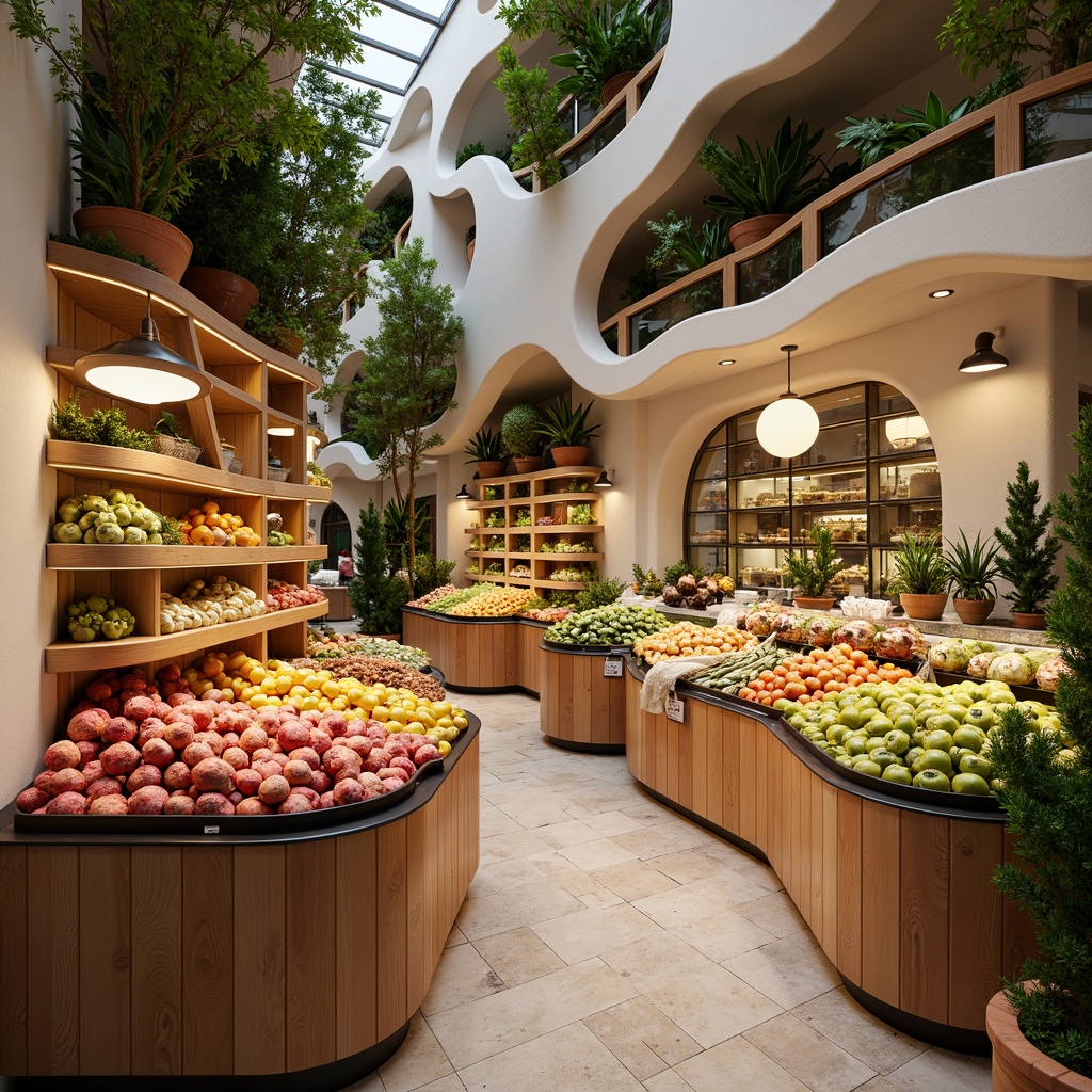 Prompt: Vibrant produce stand, overflowing fruit and vegetables, wavy wooden shelves, undulating glass counters, curved metal displays, soft pastel color scheme, natural stone flooring, earthy terracotta pots, lush greenery, organic shapes, rounded corners, fluid-like architecture, whimsical lighting fixtures, warm ambient glow, shallow depth of field, 1/1 composition, intimate atmosphere, realistic textures, ambient occlusion.