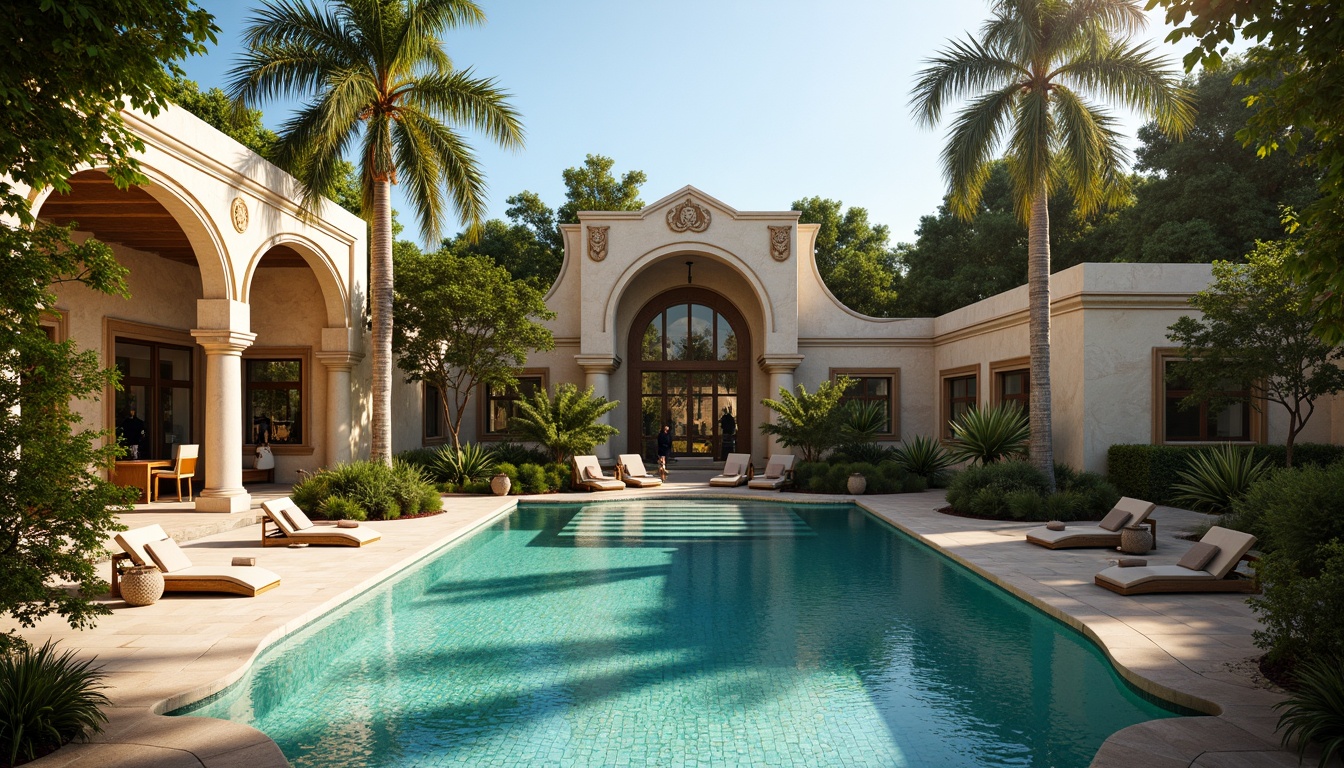 Prompt: Luxurious Baroque pool, ornate stonework, turquoise water, golden accents, intricate mosaics, lush greenery, palm trees, warm sunny day, soft diffused lighting, dramatic shadows, 3/4 composition, realistic textures, ambient occlusion.