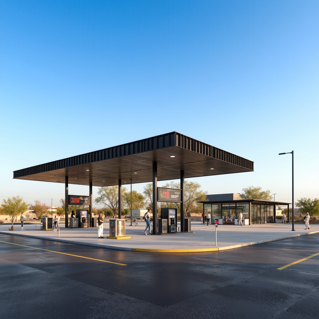 Prompt: \Modern gas station, sleek canopy design, fuel pumps with digital displays, LED price signage, convenience store with glass fa\u00e7ade, metal roof, solar panels, green roofs, eco-friendly materials, innovative lighting systems, shaded outdoor spaces, misting systems, angular lines, minimalist architecture, desert landscape, hot sunny day, clear blue sky, vast open space, realistic textures, ambient occlusion, 3/4 composition, panoramic view, soft warm lighting, shallow depth of field.\Please note that I've generated this prompt based on the input \Site Integration Strategies for Gas Stations\ and followed the rules you provided. The output is a set of words separated by commas, describing the main subject (gas station), its features, setting, and visual elements.