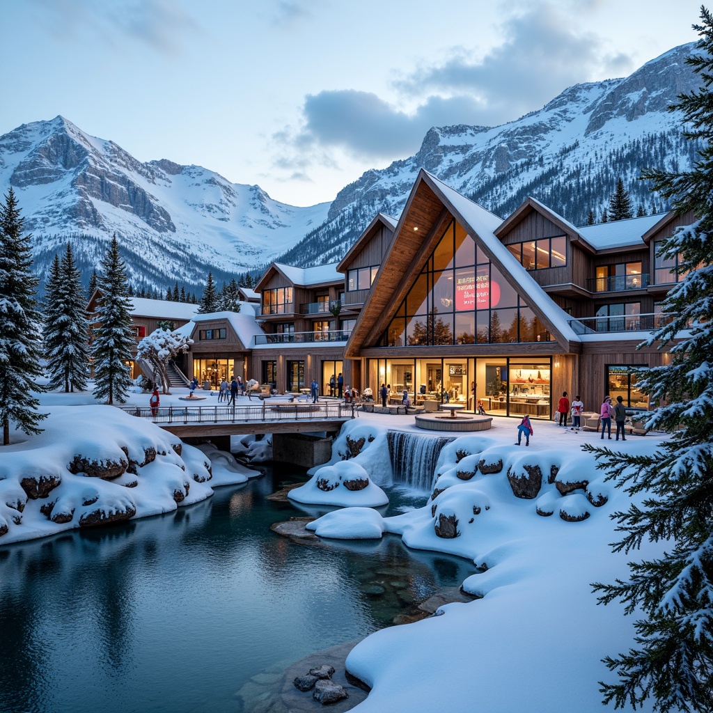 Prompt: Snow-capped mountains, frozen lakes, pine trees, rustic wooden beams, modern ski center architecture, angular rooflines, large glass windows, metal cladding, cantilevered balconies, elevated walkways, snow-covered roofs, wooden bridges, frozen waterfalls, icy rock formations, winter sports equipment, vibrant colorful branding, dynamic lighting systems, cozy fireplaces, warm interior ambiance, rustic stone walls, wooden accents, minimalist decor, functional layout, efficient circulation paths, panoramic views, shallow depth of field, 3/4 composition.