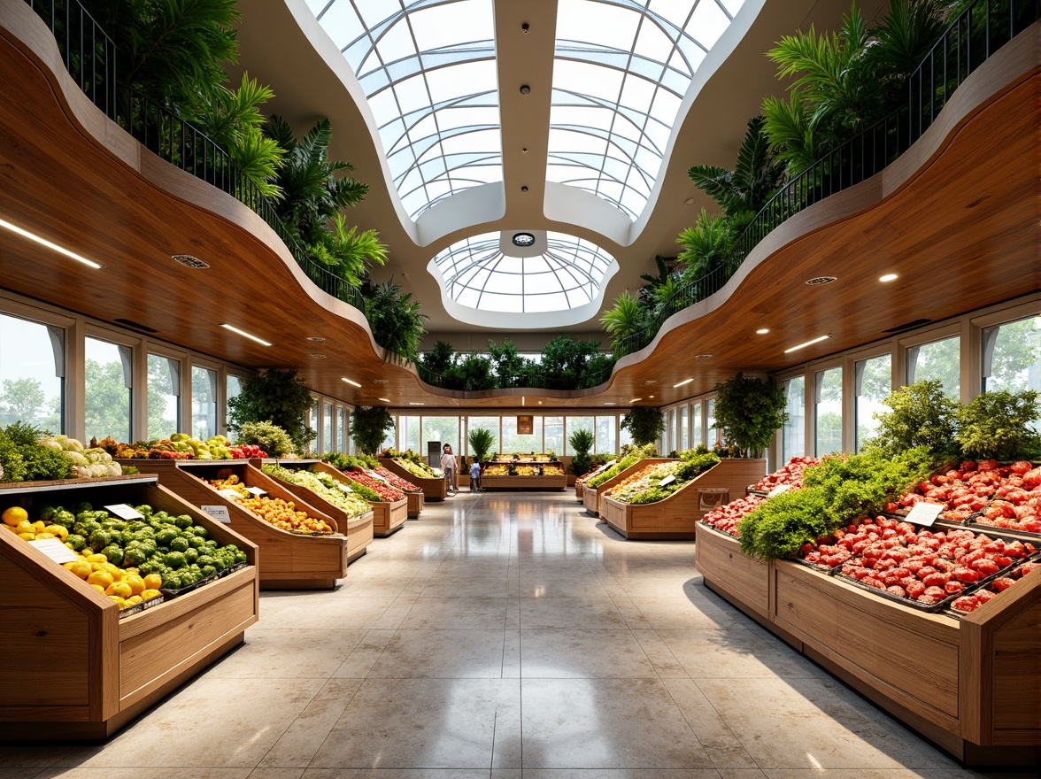 Prompt: Vibrant produce stands, wavy wooden shelves, undulating glass displays, irregular stone flooring, earthy color palette, natural lighting, airy atmosphere, curved lines, biomimicry-inspired architecture, futuristic organic forms, translucent canopies, misting systems, lush green walls, living roofs, sustainable materials, eco-friendly refrigeration units, geometric patterned tiles, soft warm ambiance, shallow depth of field, 3/4 composition, panoramic view, realistic textures, ambient occlusion.