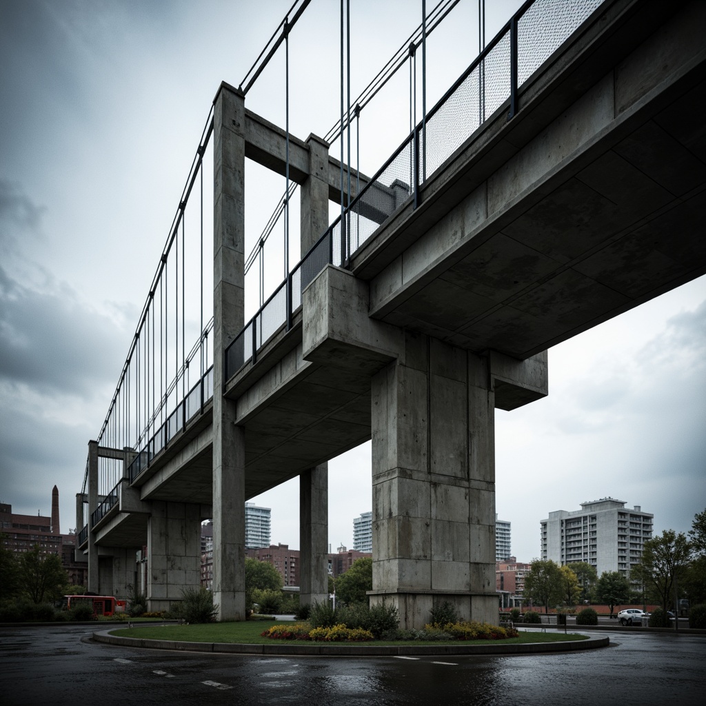 Prompt: Rugged pedestrian bridge, brutalist architecture, raw concrete textures, industrial aesthetic, exposed ductwork, functional minimalism, steel cable railings, weathered metal accents, urban cityscape, moody overcast sky, dramatic shadows, high contrast lighting, abstract geometric forms, monumental scale, imposing structure, poured-in-place concrete, distressed finishes, bold color blocking, graphic patterns, dynamic angular lines, cinematic composition, low-angle viewpoint.