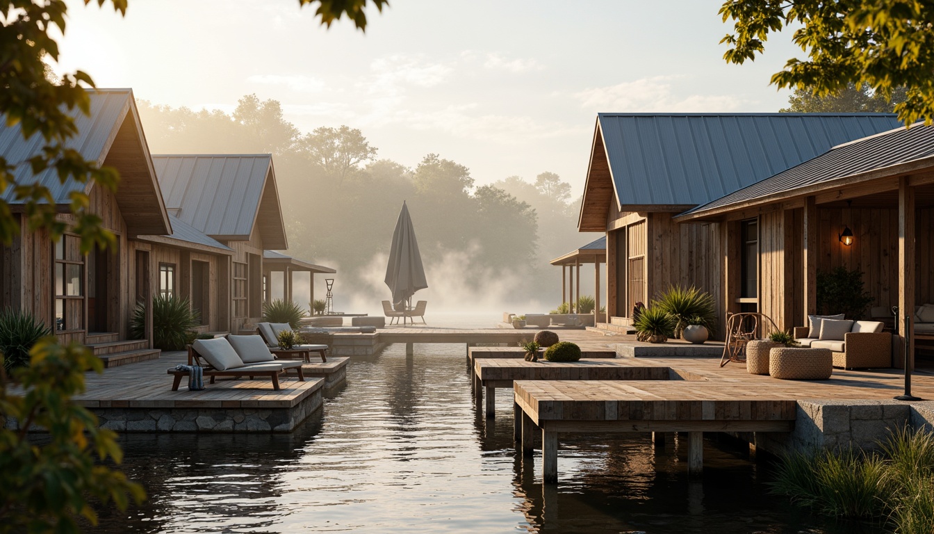 Prompt: Rustic wooden docks, weathered boatlifts, nautical ropes, aquatic life, serene lakefront, misty morning, warm sunlight, natural stone foundations, reclaimed wood accents, corrugated metal roofs, distressed finishes, earthy color palette, organic textures, cozy interior nooks, plush furnishings, soft warm lighting, shallow depth of field, 3/4 composition, panoramic view, realistic water reflections.