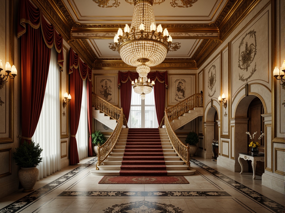 Prompt: Intricate carvings, ornate moldings, luxurious gold accents, elegant curved lines, refined stucco textures, sophisticated marble patterns, majestic grand staircases, opulent crystal chandeliers, lavish velvet drapes, richly upholstered furniture, vintage distressed finishes, warm soft lighting, cinematic composition, shallow depth of field, 3/4 framing.