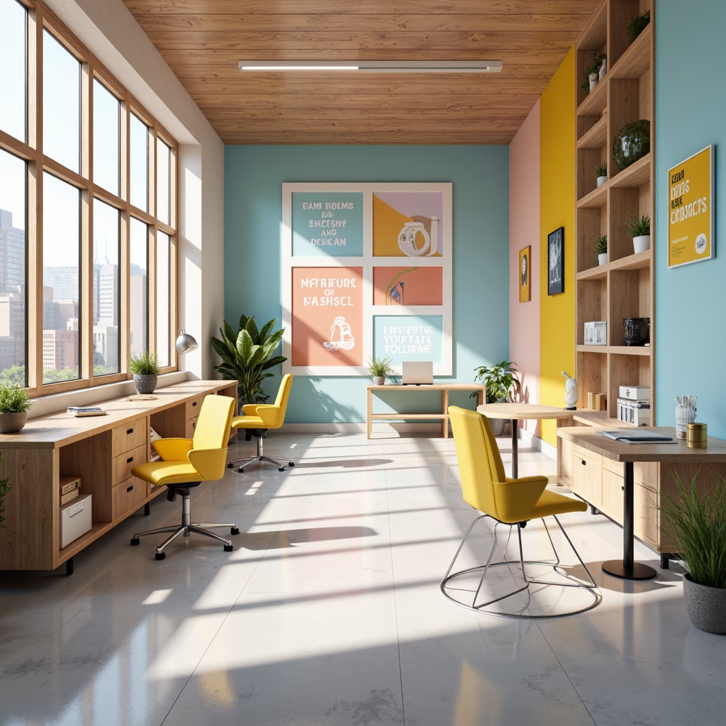 Prompt: Vibrant modern design studio, minimalist workspace, ergonomic chairs, sleek wooden desks, inspirational quotes, natural light pouring in, pastel color scheme, soft peach tones, calming blue hues, creamy white accents, bold yellow highlights, elegant typography, subtle texture overlays, 3D visual elements, futuristic aesthetic, atmospheric glow, shallow depth of field, panoramic view.