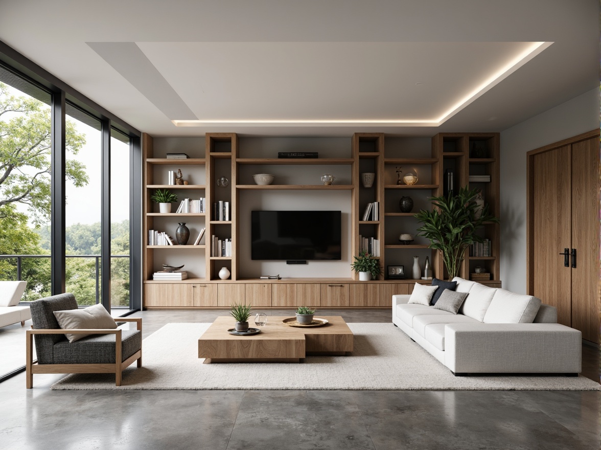 Prompt: Modern minimalist living room, sleek low-profile furniture, multi-functional storage units, wall-mounted shelves, spacious floor plan, natural light influx, large windows, sliding glass doors, polished concrete floors, neutral color palette, ambient soft lighting, 1/1 composition, shallow depth of field, realistic textures, optimized spatial flow.