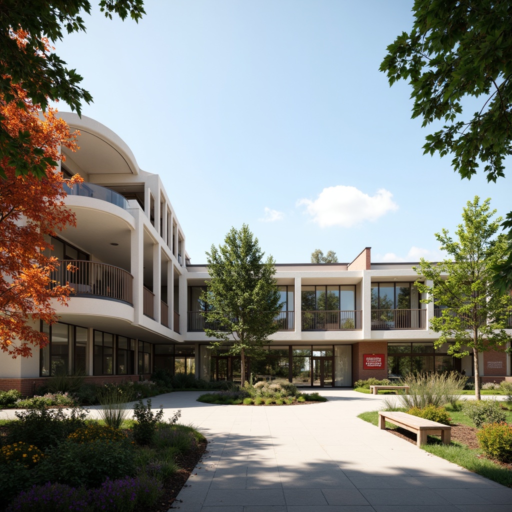 Prompt: Streamlined modern middle school facade, curved lines, minimalist design, neutral color palette, glass and metal materials, cantilevered rooflines, vertical fins, clerestory windows, natural light, open air courtyard, lush greenery, wooden benches, educational signage, dynamic shadows, soft warm lighting, shallow depth of field, 3/4 composition, realistic textures, ambient occlusion.