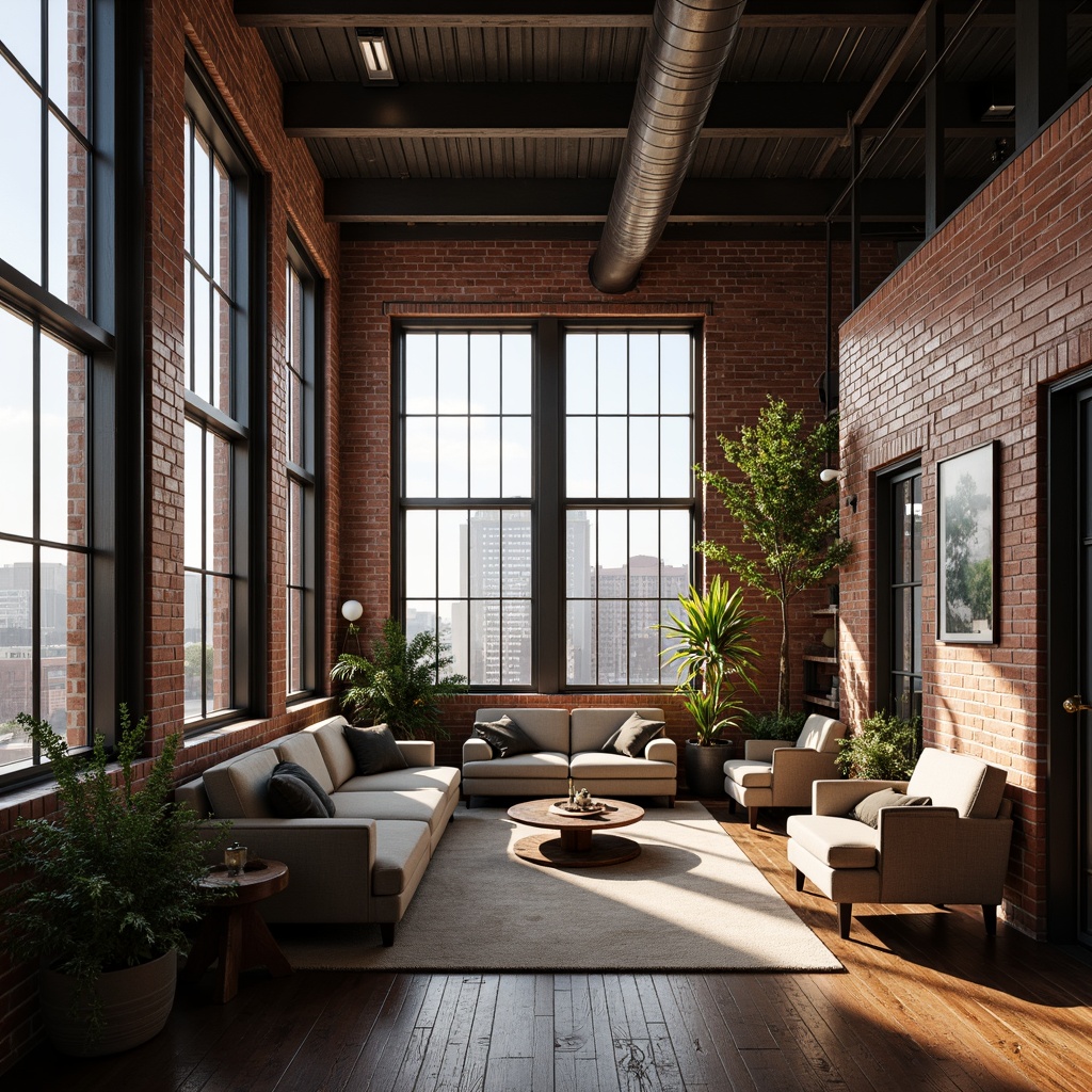 Prompt: Industrial heritage, exposed brick walls, steel beams, wooden floors, vintage windows, urban landscape, cityscape views, modern amenities, open-plan living, minimalist decor, cozy nooks, warm soft lighting, shallow depth of field, 1/1 composition, panoramic view, realistic textures, ambient occlusion, romantic ambiance, eclectic art pieces, plush furnishings, reclaimed wood accents, metal staircases, dramatic ceiling heights, urban chic atmosphere.