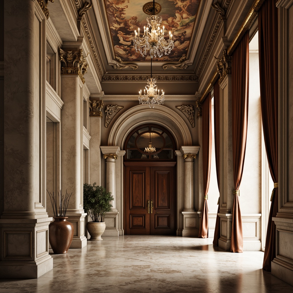 Prompt: Elegant neoclassical facade, ornate stone carvings, polished marble columns, intricate moldings, grandiose archways, refined wooden doors, luxurious velvet drapes, opulent crystal chandeliers, subtle fresco ceilings, soft warm lighting, shallow depth of field, 1/1 composition, realistic textures, ambient occlusion.