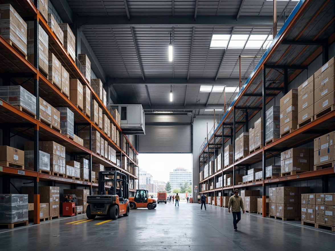 Prompt: Efficient warehouse layout, high ceilings, metal shelving units, pallet racks, industrial lighting, concrete floors, loading docks, cargo elevators, automated storage systems, barcode scanners, inventory management software, logistics personnel, fork lifts, shipping containers, urban industrial setting, cloudy day, soft diffused lighting, shallow depth of field, 1/2 composition, realistic textures, ambient occlusion.