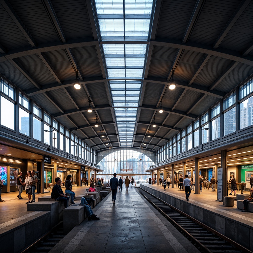 Prompt: Modern train station, sleek metal beams, vaulted ceilings, large glass windows, bright LED lighting, warm ambient glow, dynamic color changing lights, futuristic architectural design, urban cityscape, busy commuter atmosphere, rush hour scenes, morning sunlight, afternoon shadows, evening neon lights, dramatic spotlights, pedestrian walkways, platform waiting areas, staircases, escalators, transparent roofs, natural skylights, energy-efficient lighting systems, safety-focused illumination, 3/4 composition, shallow depth of field, realistic textures.