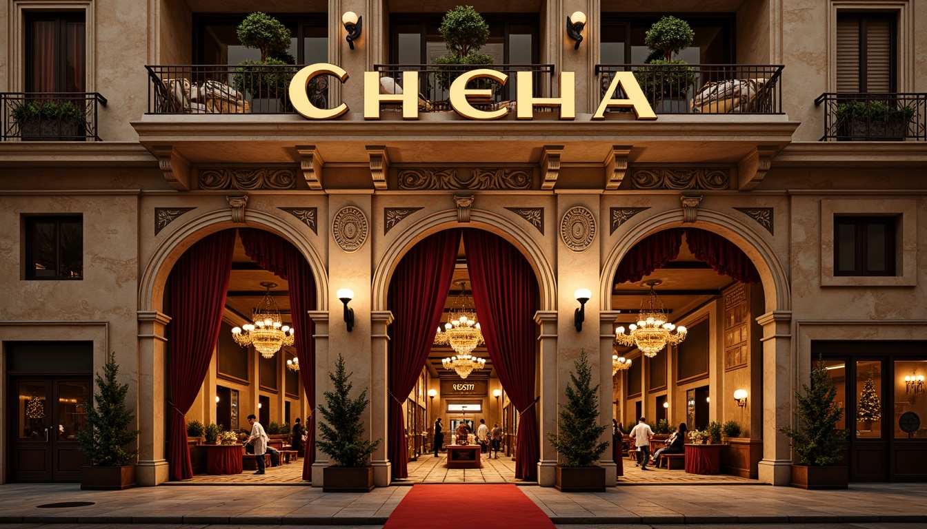 Prompt: Ornate cinema facade, Romanesque arches, intricately carved stone walls, grand entranceways, ornamental balconies, decorative cornices, richly textured stucco, earthy tone color palette, warm golden lighting, subtle shadow accents, cinematic signage, red carpet entrances, opulent chandeliers, luxurious velvet drapes, 1/1 composition, shallow depth of field, soft focus background, cinematic lens flares.