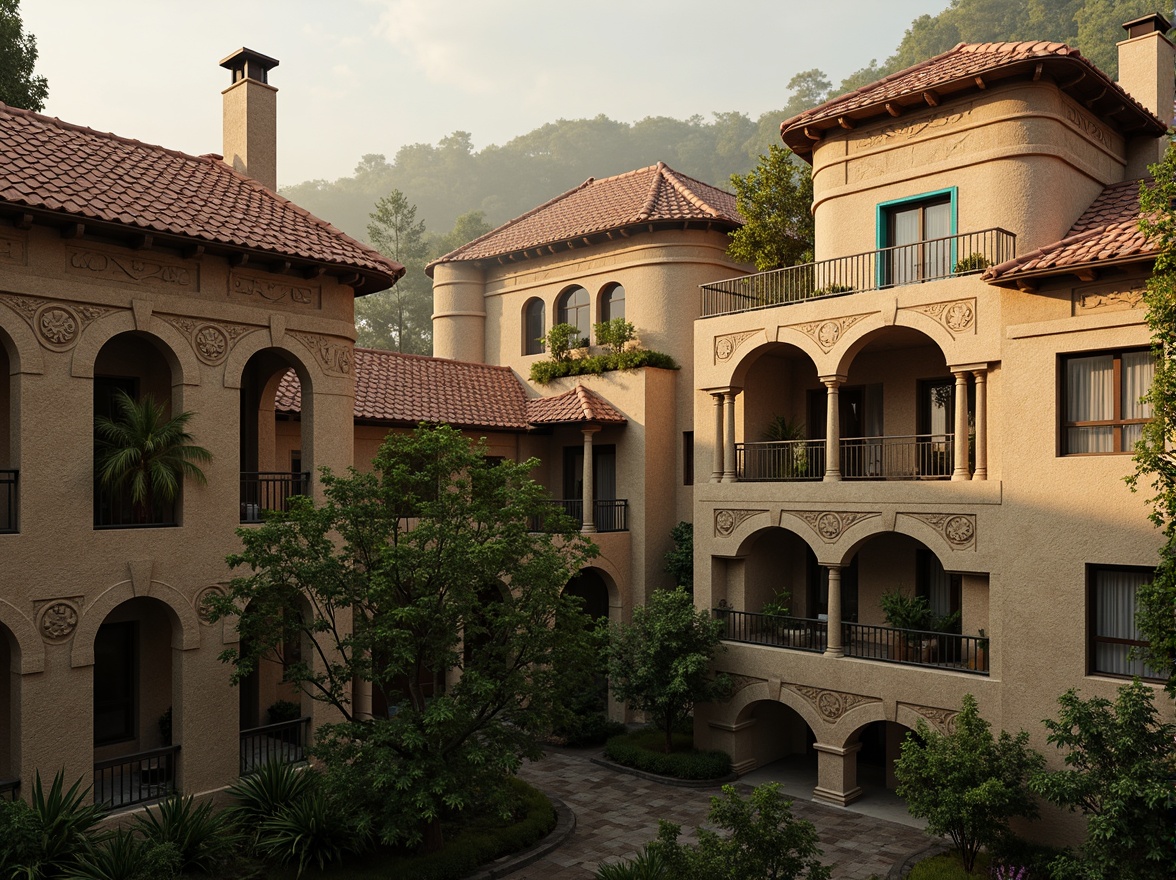 Prompt: Curved terracotta rooftops, ornate stone carvings, grandiose cinema-inspired facades, rustic Romanesque arches, vibrant turquoise accents, intricate stonework patterns, lush greenery overflowing balconies, warm golden lighting, soft misty atmosphere, cinematic drone shots, 1/2 composition, shallow depth of field, realistic textures, ambient occlusion.