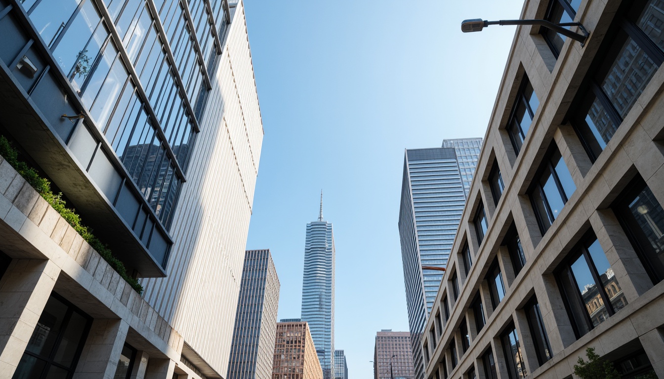 Prompt: Glossy glass facades, sleek metal panels, rough stone walls, smooth concrete surfaces, wooden accents, minimalist design, modern skyscrapers, urban cityscape, clear blue sky, sunny day, soft natural lighting, shallow depth of field, 3/4 composition, panoramic view, realistic textures, ambient occlusion.