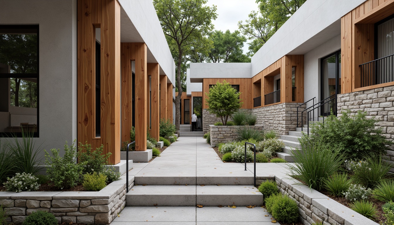 Prompt: Rustic stone walls, smooth wooden accents, rough-hewn concrete columns, sleek metal railings, vibrant green roofs, natural earthy tones, modern minimalist aesthetic, juxtaposed textures, bold color contrasts, dramatic lighting effects, low-angle shots, 1/1 composition, shallow depth of field, realistic material rendering, ambient occlusion.