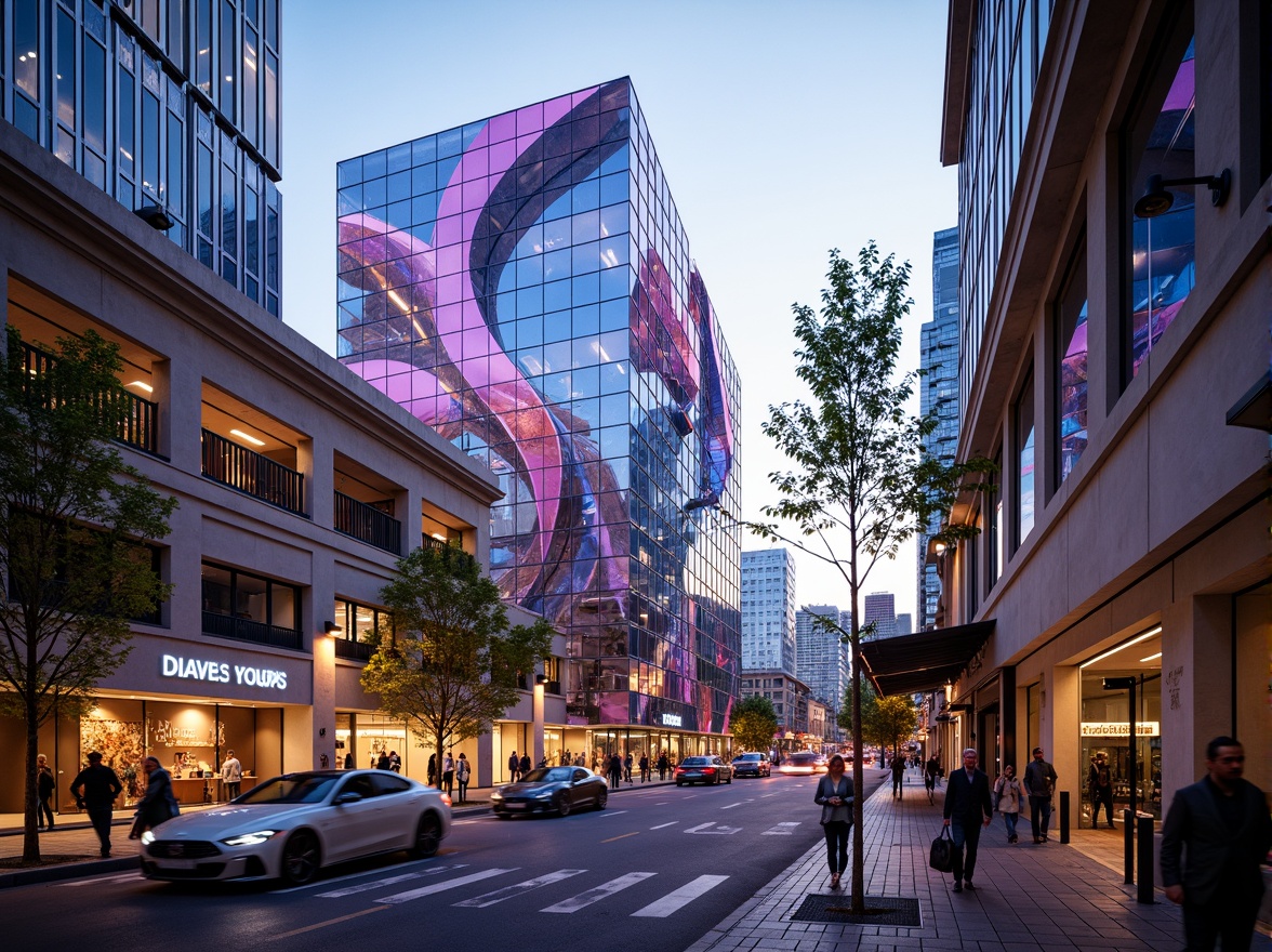 Prompt: Vibrant fusion architecture, futuristic curves, metallic accents, iridescent hues, neon lights, holographic patterns, sleek glass facades, minimalist lines, modern urban landscape, bustling city streets, evening ambiance, warm golden lighting, shallow depth of field, 3/4 composition, panoramic view, realistic textures, ambient occlusion.