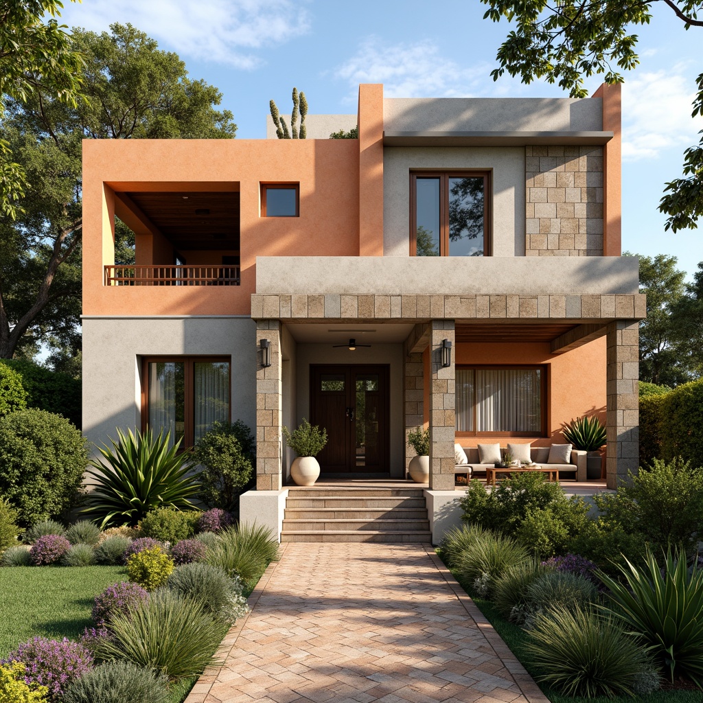 Prompt: Eclectic villa facade, asymmetrical composition, bold color blocking, irregular shape formations, mixed material textures, rustic stone walls, reclaimed wood accents, ornate metalwork details, intricate patterned tiles, lush greenery integration, Mediterranean-inspired architecture, warm sunny day, soft natural lighting, shallow depth of field, 1/2 composition, realistic rendering, ambient occlusion.