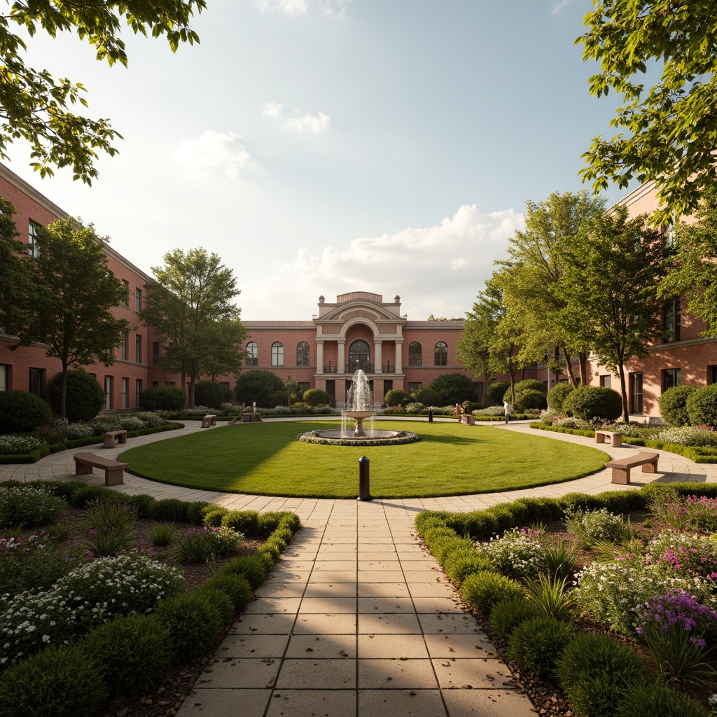 Prompt: Renaissance-style sports fields, lush green grass, ornate fountains, grandiose stone sculptures, classical columns, symmetrical pathways, vibrant flowerbeds, manicured hedges, elegant lamp posts, refined benches, natural stone walkways, rustic brick buildings, majestic archways, warm golden lighting, shallow depth of field, 3/4 composition, panoramic view, realistic textures, ambient occlusion.