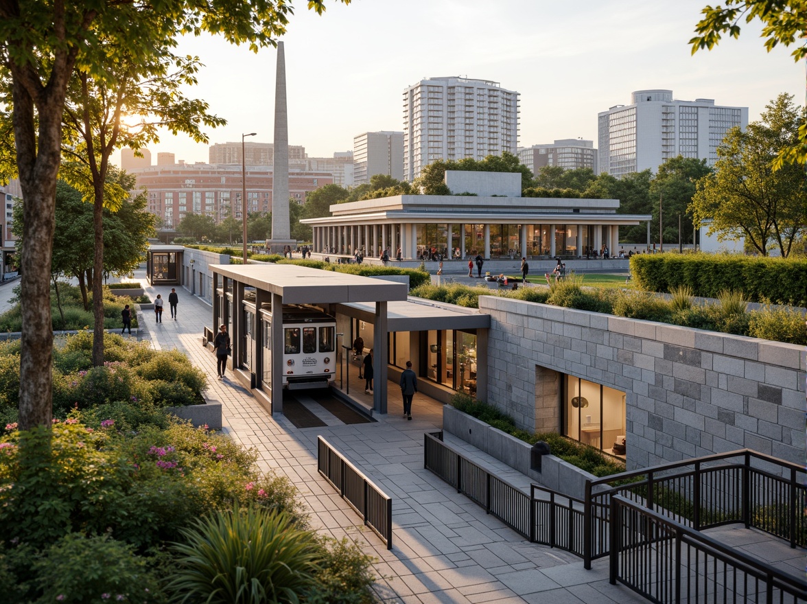 Prompt: \Urban tram station, modern transportation hub, green roofs, lush vegetation, natural stone walls, metal railings, vibrant street art, pedestrian-friendly paths, accessible ramps, transparent glass canopies, soft warm lighting, shallow depth of field, 1/1 composition, realistic textures, ambient occlusion, cityscape views, bustling streets, commercial buildings, mixed-use development, public plaza, community gardens, eco-friendly infrastructure, sustainable urban planning.\