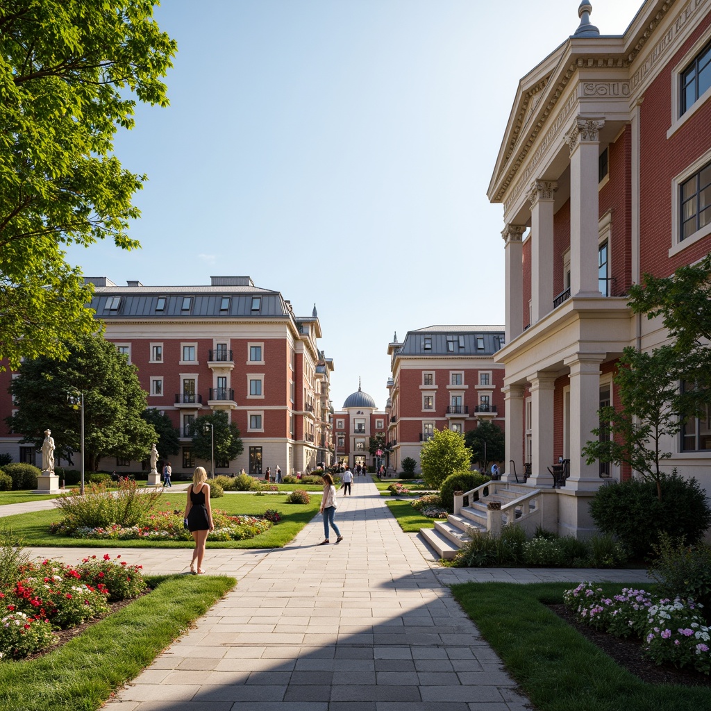 Prompt: Grand university campus, neoclassical architecture, ornate facades, Corinthian columns, carved stone details, symmetrical compositions, grand entrance gates, lush greenery, vibrant flowers, walking paths, educational signs, natural stone walkways, brick buildings, classical statues, sunny day, soft warm lighting, shallow depth of field, 3/4 composition, panoramic view, realistic textures, ambient occlusion.