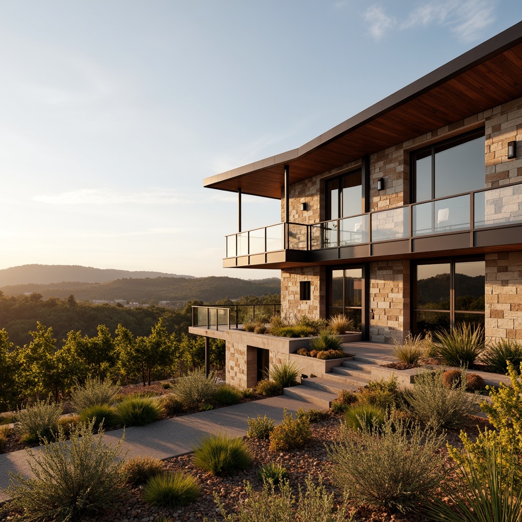 Prompt: Rustic winery facade, earthy tones, natural stone walls, wooden accents, vineyard views, rolling hills, sunny afternoon, warm golden lighting, shallow depth of field, 1/2 composition, realistic textures, ambient occlusion, modern minimalist design, sleek metal frames, floor-to-ceiling windows, glass balconies, cantilevered rooflines, sustainable materials, energy-efficient systems, green roofs, living walls, vibrant colorful vines, intricate wooden patterns.