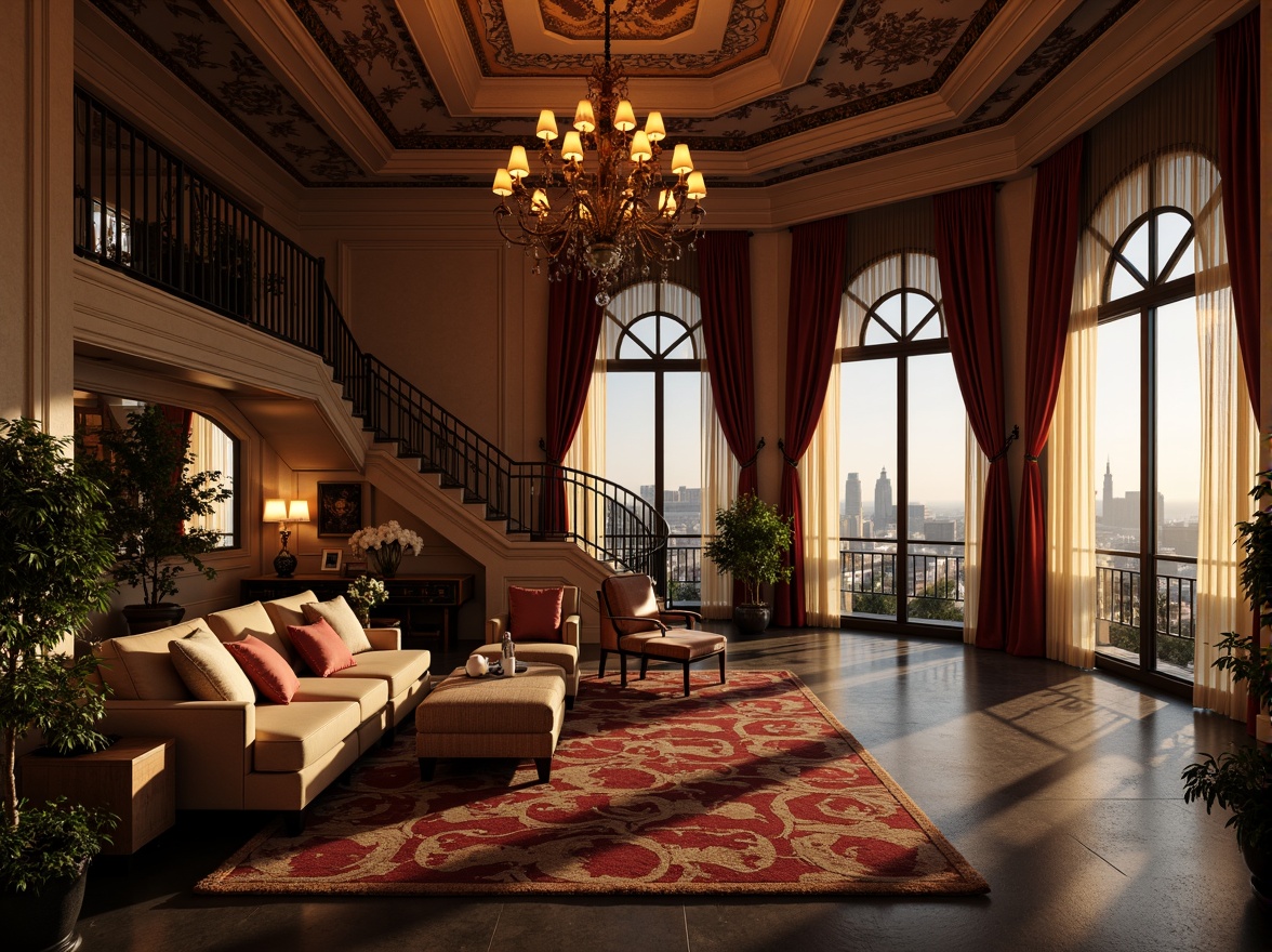 Prompt: Luxurious penthouse, romantic ambiance, soft warm lighting, lavish furnishings, ornate decorations, grand chandeliers, sweeping staircases, plush carpets, opulent textiles, velvet drapes, French doors, Juliet balconies, elegant archways, carved wooden panels, distressed finishes, vintage ornaments, antique furniture pieces, intimate seating areas, cozy fireplaces, panoramic city views, misty atmospheric effects, warm golden hour lighting, shallow depth of field, 1/1 composition, dramatic shadows, realistic reflections.