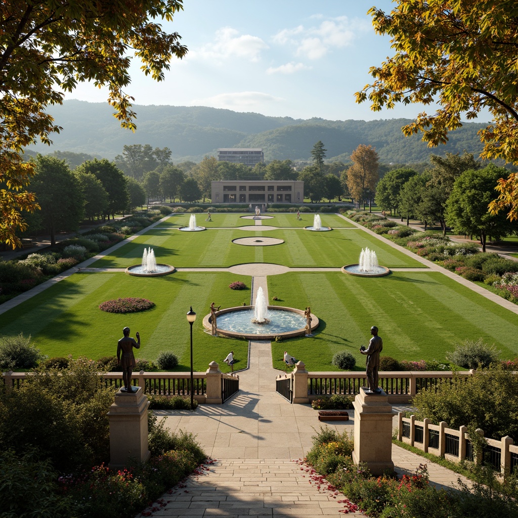 Prompt: Renaissance-inspired sports complex, lush green grass, ornate fountains, intricately designed walking paths, classical stone statues, grandiose archways, vibrant flowerbeds, symmetrical landscaping, elegant lamp posts, refined iron fences, rustic wooden benches, scenic overlooks, rolling hills, sunny afternoon, soft warm lighting, atmospheric perspective, 1/2 composition, cinematic framing, realistic textures, subtle color grading.