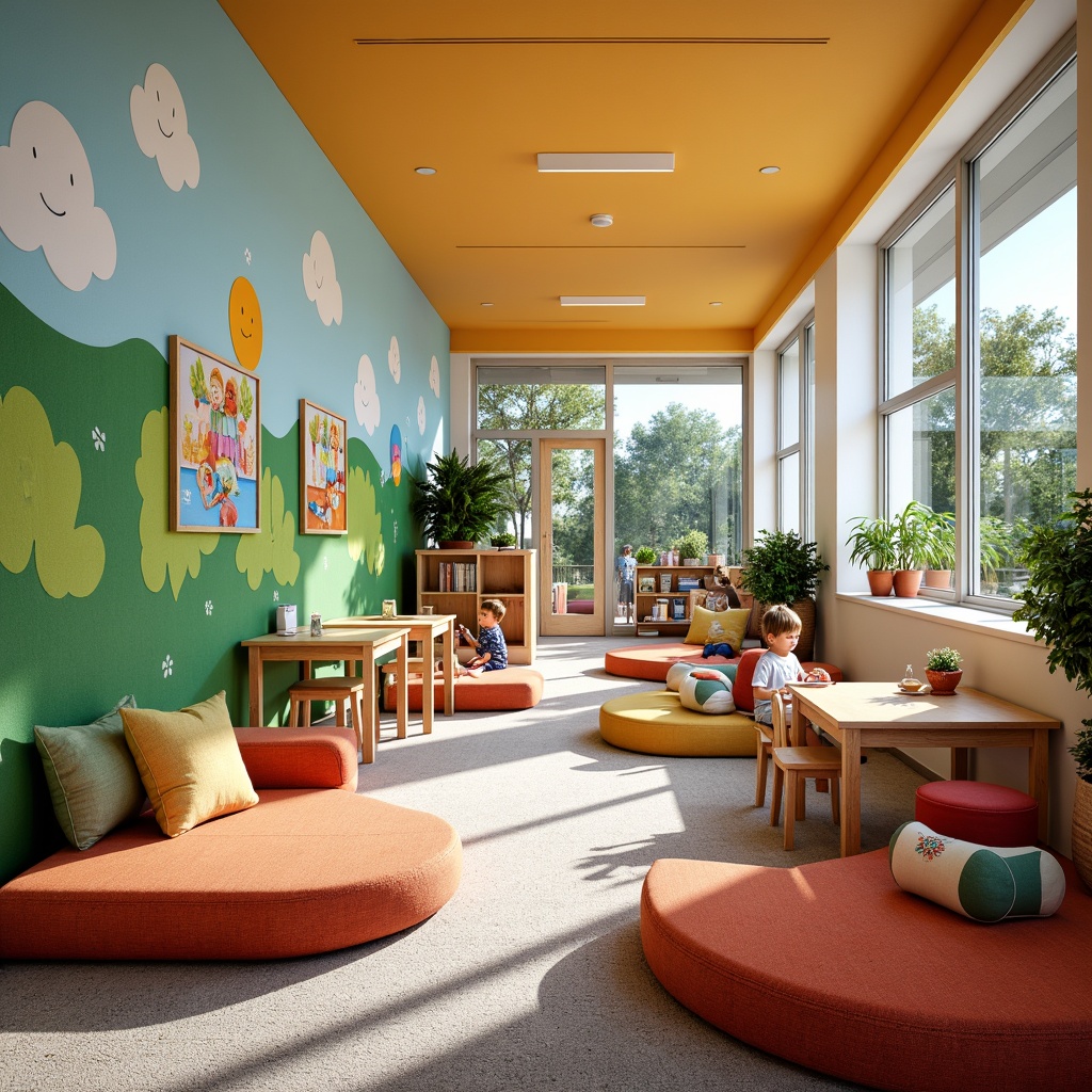 Prompt: Vibrant kindergarten classroom, playful color scheme, whimsical murals, soft carpet flooring, comfortable cushions, educational posters, interactive whiteboards, wooden desks, ergonomic chairs, natural light pouring in, large windows, sliding glass doors, lush green plants, cozy reading nooks, circular tables, collaborative learning spaces, 1/1 composition, warm and inviting atmosphere, shallow depth of field, realistic textures, ambient occlusion.