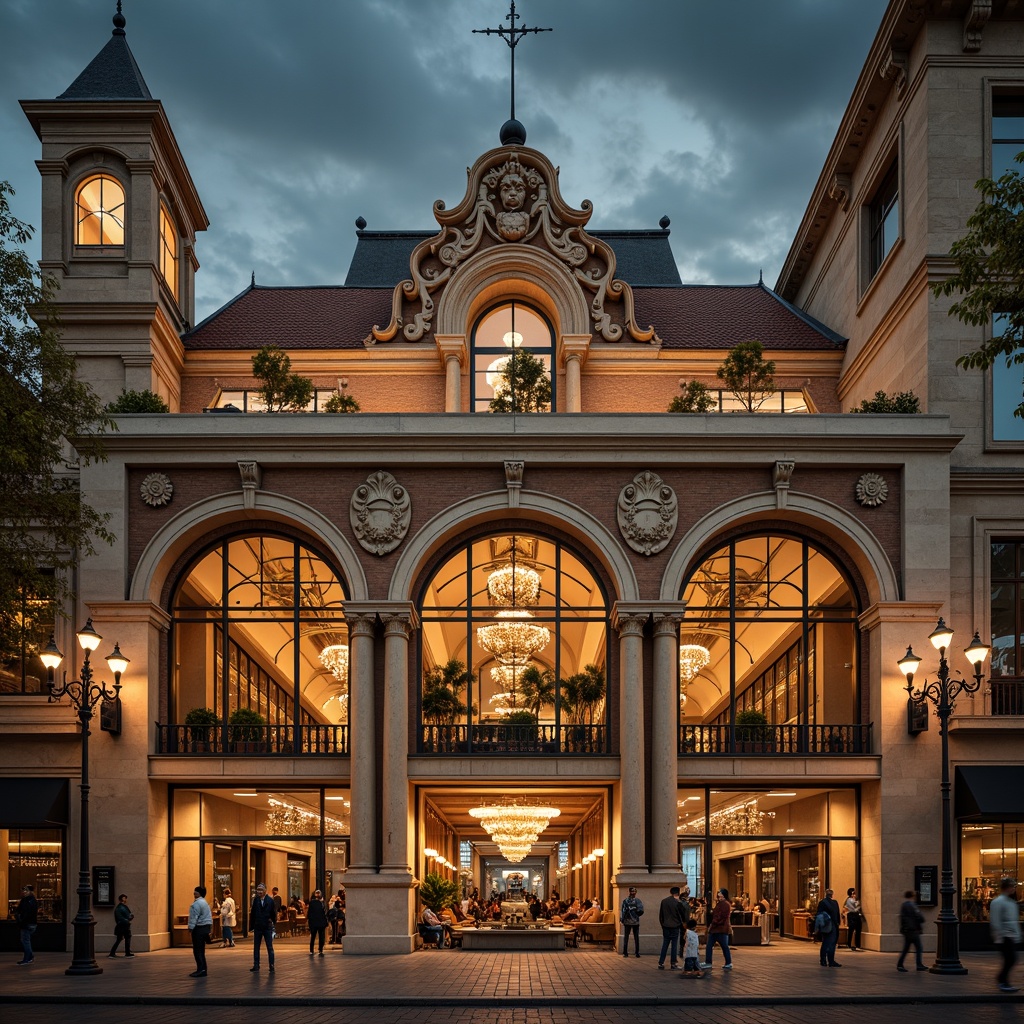 Prompt: Grandiose train station, renaissance-inspired facade, ornate stone carvings, classical arches, symmetrical columns, grand entrance halls, high ceilings, elegant chandeliers, intricate moldings, warm beige stone, rustic brick textures, historic clock towers, vintage lanterns, lively street performers, bustling city atmosphere, dramatic evening lighting, shallow depth of field, 1/2 composition, realistic render, ambient occlusion.