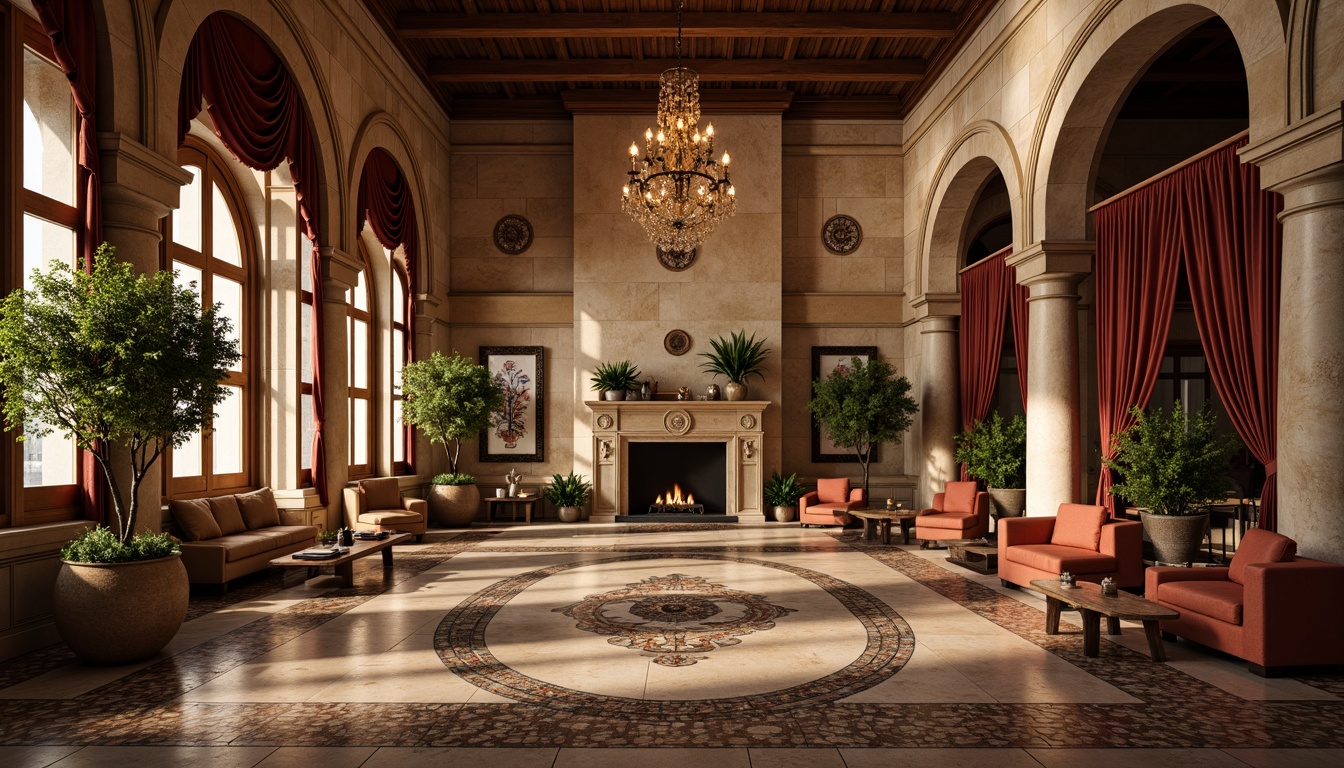 Prompt: Luxurious hotel lobby, ornate columns, textured stone walls, rustic wooden beams, grand chandeliers, rich velvet drapes, intricate mosaic floors, warm earthy tones, lavish furnishings, comfortable seating areas, ornamental fountains, natural stone fireplaces, Romanesque archways, majestic high ceilings, dramatic lighting effects, 1/2 composition, soft focus background, warm color palette, inviting ambiance.