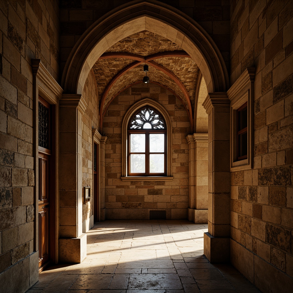 Prompt: Ancient Romanesque archway, grand entrance, ornate carvings, rustic stone walls, vaulted ceilings, dramatic lighting, mysterious ambiance, historic significance, symbolic gateway, majestic proportions, rounded arches, sturdy columns, intricate moldings, weathered surfaces, natural stone textures, earthy color palette, warm golden light, subtle shadows, 1/2 composition, atmospheric perspective, detailed architectural features.