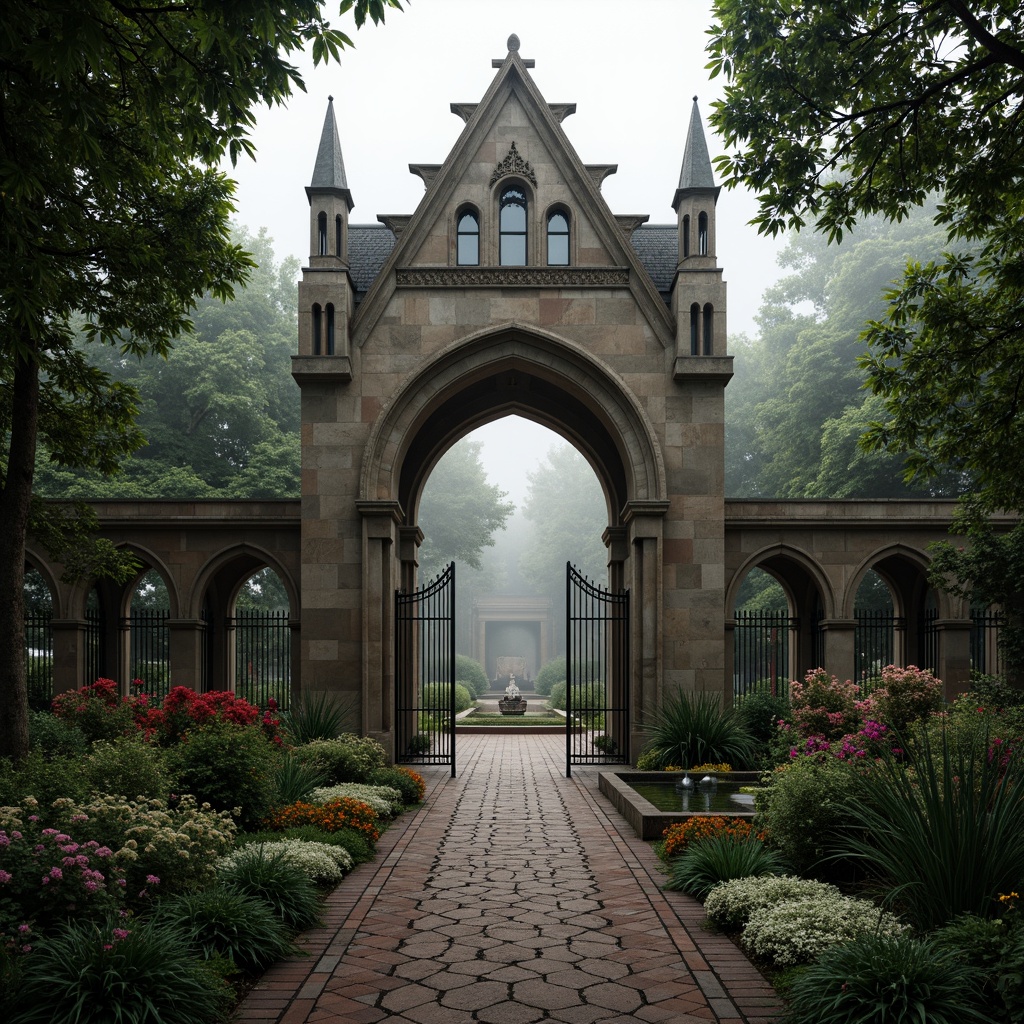 Prompt: Majestic park entrance, Gothic arches, intricately carved stone, mysterious foggy atmosphere, lush greenery, vibrant flowers, walking paths, ornate iron gates, grandeur scale, symmetrical composition, soft warm lighting, dramatic shadows, 3/4 perspective, atmospheric rendering, historic architectural elements, ornamental water features, tranquil ambiance.