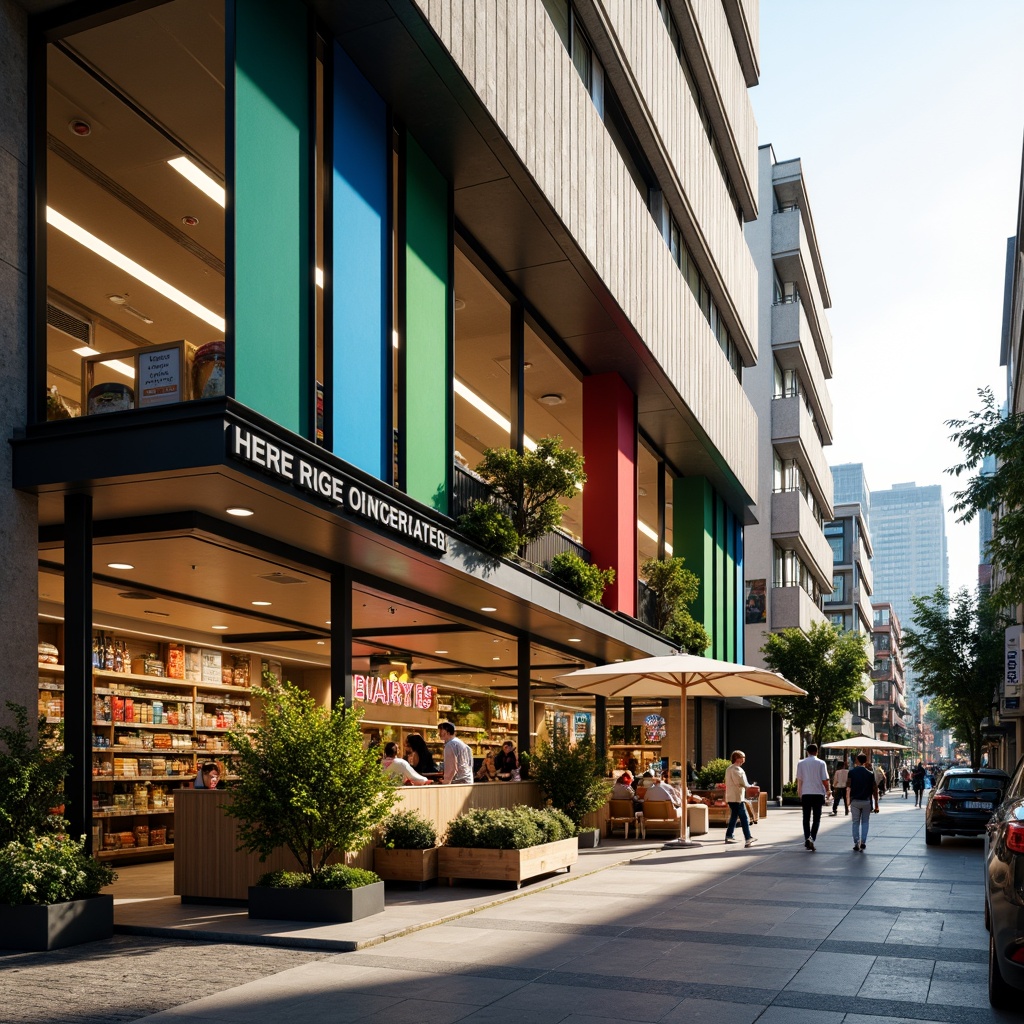 Prompt: Vibrant grocery store facade, sleek metal frames, large glass windows, natural stone walls, modern LED signage, bold color schemes, geometric patterns, cantilevered canopies, shaded outdoor spaces, misting systems, urban cityscape, busy street scene, morning sunlight, soft warm lighting, shallow depth of field, 3/4 composition, realistic textures, ambient occlusion.