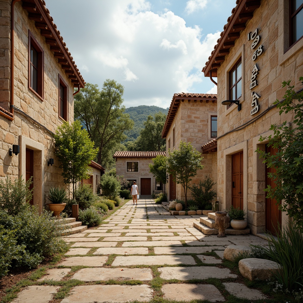 Prompt: Earth-toned regionalism, rustic warmth, natural stone walls, wooden accents, clay roof tiles, weathered brick facades, vintage signage, distressed textures, muted color scheme, sage greenery, sandy beige, terracotta red, mossy stone paths, cloudy blue skies, soft warm lighting, shallow depth of field, 1/1 composition, realistic renderings, ambient occlusion.