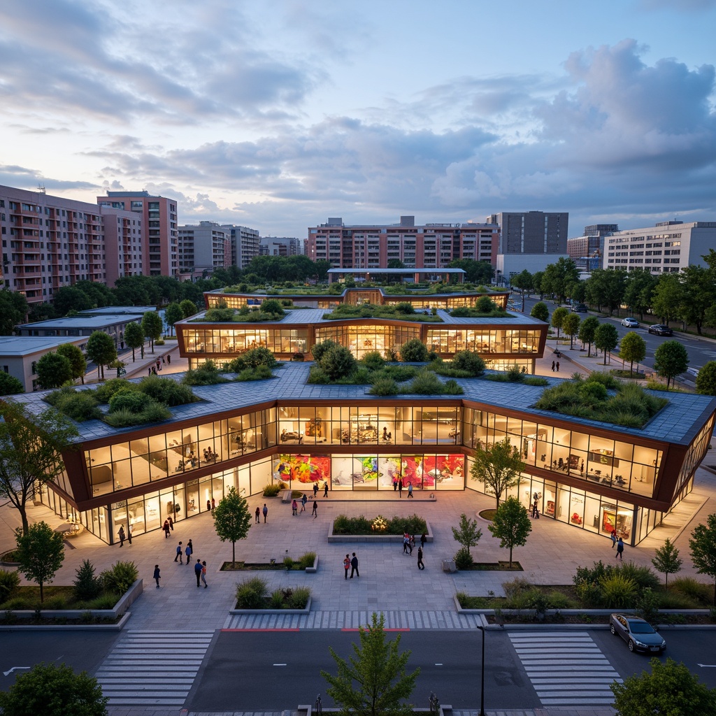 Prompt: Vibrant community center, modern angular design, green roofs, solar panels, natural ventilation, open public spaces, flexible gathering areas, colorful street art, urban gardens, pedestrian-friendly walkways, bike lanes, accessible ramps, inclusive playgrounds, cultural diversity murals, interactive exhibits, educational signage, warm evening lighting, shallow depth of field, 3/4 composition, panoramic view, realistic textures, ambient occlusion.