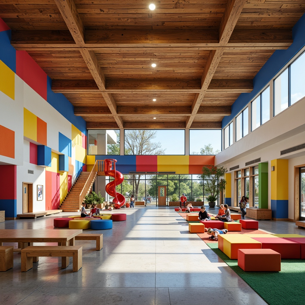 Prompt: Vibrant elementary school, Bauhaus style architecture, bright primary colors, bold geometric shapes, wooden accents, natural light, open classrooms, collaborative learning spaces, colorful murals, abstract patterns, minimalist furniture, industrial metal beams, polished concrete floors, dynamic staircases, playful playground equipment, whimsical sculptures, lively corridors, eclectic textiles, warm task lighting, shallow depth of field, 1/1 composition, realistic textures, ambient occlusion.