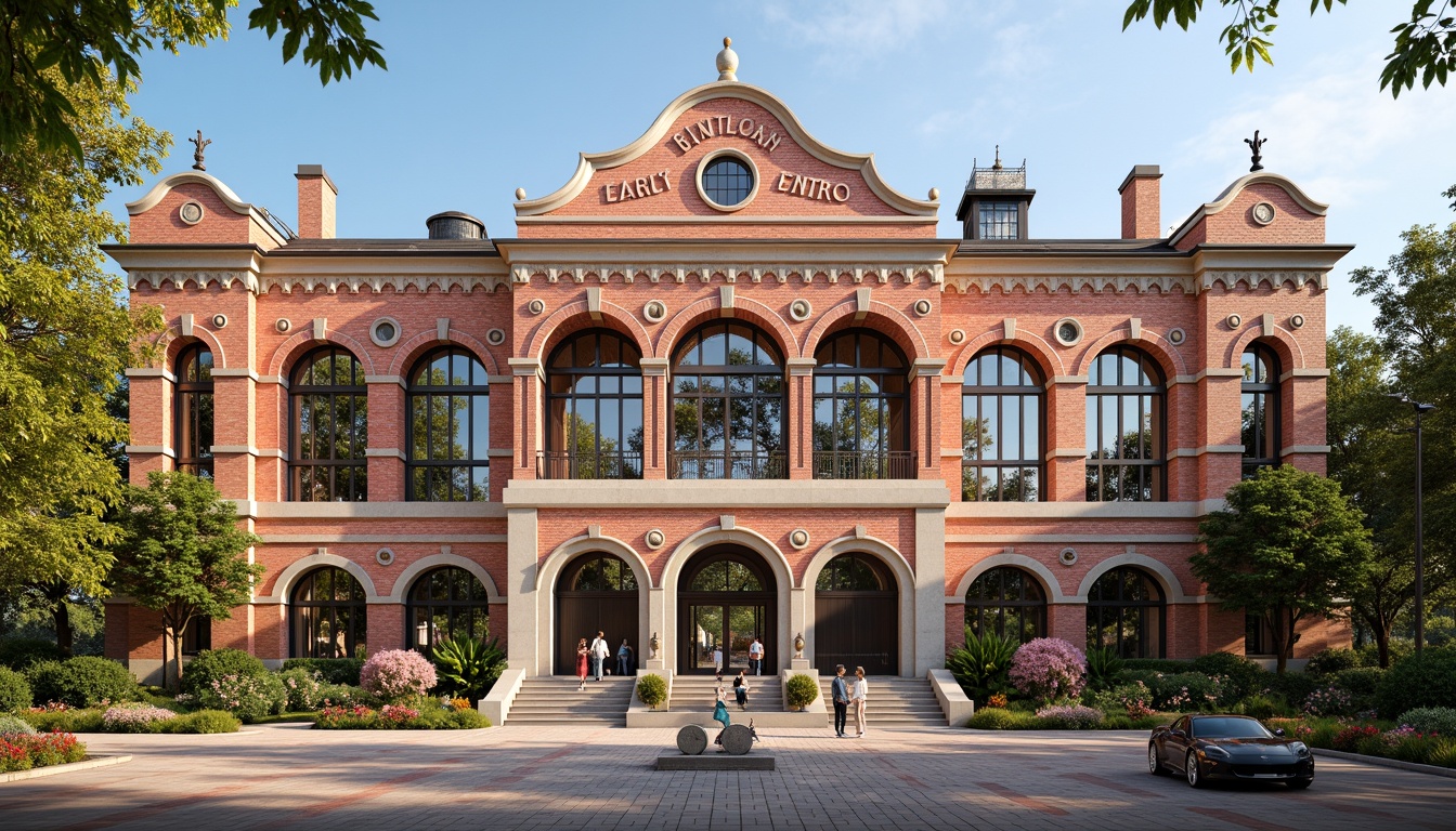 Prompt: Vibrant gymnasium facade, eclectic architectural style, ornate brick patterns, decorative stone carvings, grand entrance arches, large windows with metal frames, bold color scheme, dynamic geometric shapes, intricate moldings, ornamental roof finials, lush greenery, blooming flowers, sunny day, soft warm lighting, shallow depth of field, 3/4 composition, panoramic view, realistic textures, ambient occlusion.