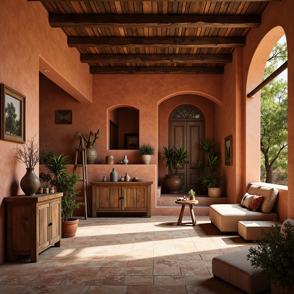 Prompt: Earthy regionalism, warm terracotta walls, rustic stone facades, wooden accents, natural fiber textiles, vintage metalware, distressed wood furnishings, clay roof tiles, Mediterranean-inspired archways, ornate tile patterns, soft warm lighting, shallow depth of field, 1/1 composition, realistic textures, ambient occlusion.