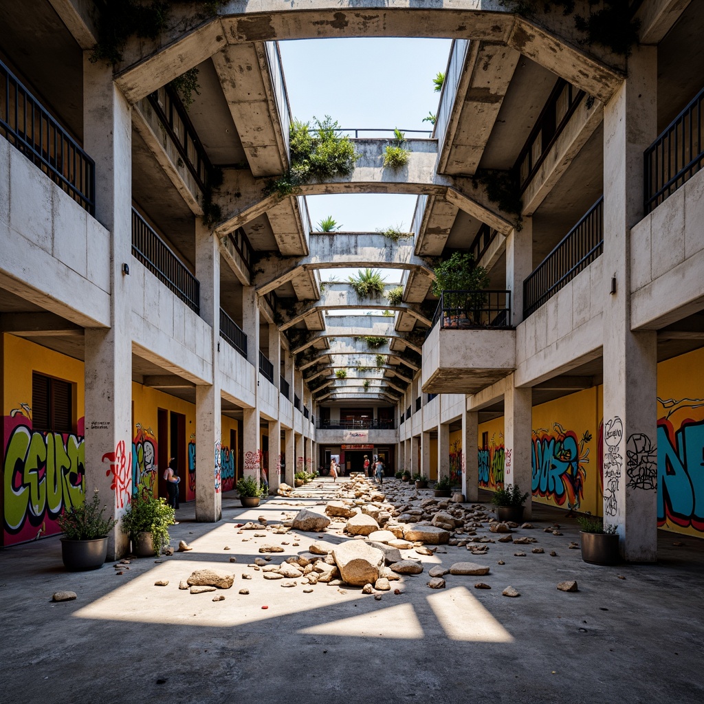 Prompt: Deconstructed high school building, fragmented geometric forms, bold black lines, vibrant primary colors, abstract shapes, disjointed structures, irregular angles, exposed ductwork, industrial metal beams, distressed concrete walls, reclaimed wood accents, urban graffiti, dynamic shadows, high-contrast lighting, shallow depth of field, 1/1 composition, dramatic perspective, realistic textures, ambient occlusion.