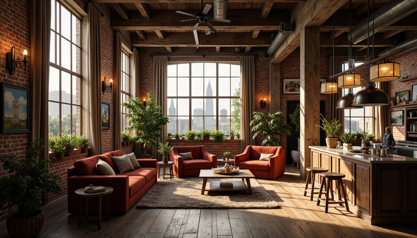 Prompt: Exposed brick walls, reclaimed wooden floors, distressed metal beams, vintage industrial decor, soft warm lighting, cozy intimate atmosphere, lush greenery, flowing drapery, plush velvet furniture, ornate antique fixtures, rustic wooden accents, earthy color palette, natural stone countertops, woven wicker baskets, potted plants, eclectic artwork, mix-and-match patterns, romantic ambiance, dramatic ceiling heights, large windows, panoramic city views, warm golden lighting, shallow depth of field, 1/1 composition.