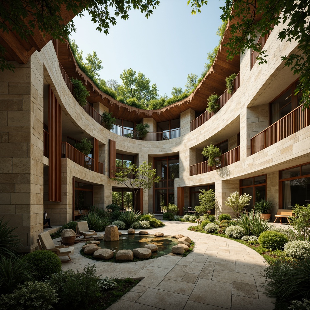 Prompt: Curved lines, natural stone walls, earthy tone color palette, lush green roofs, organic shapes, flowing water features, wooden accents, minimal ornamentation, open floor plans, large windows, clerestory lighting, soft warm ambiance, shallow depth of field, 1/1 composition, serene atmosphere, realistic textures, ambient occlusion.