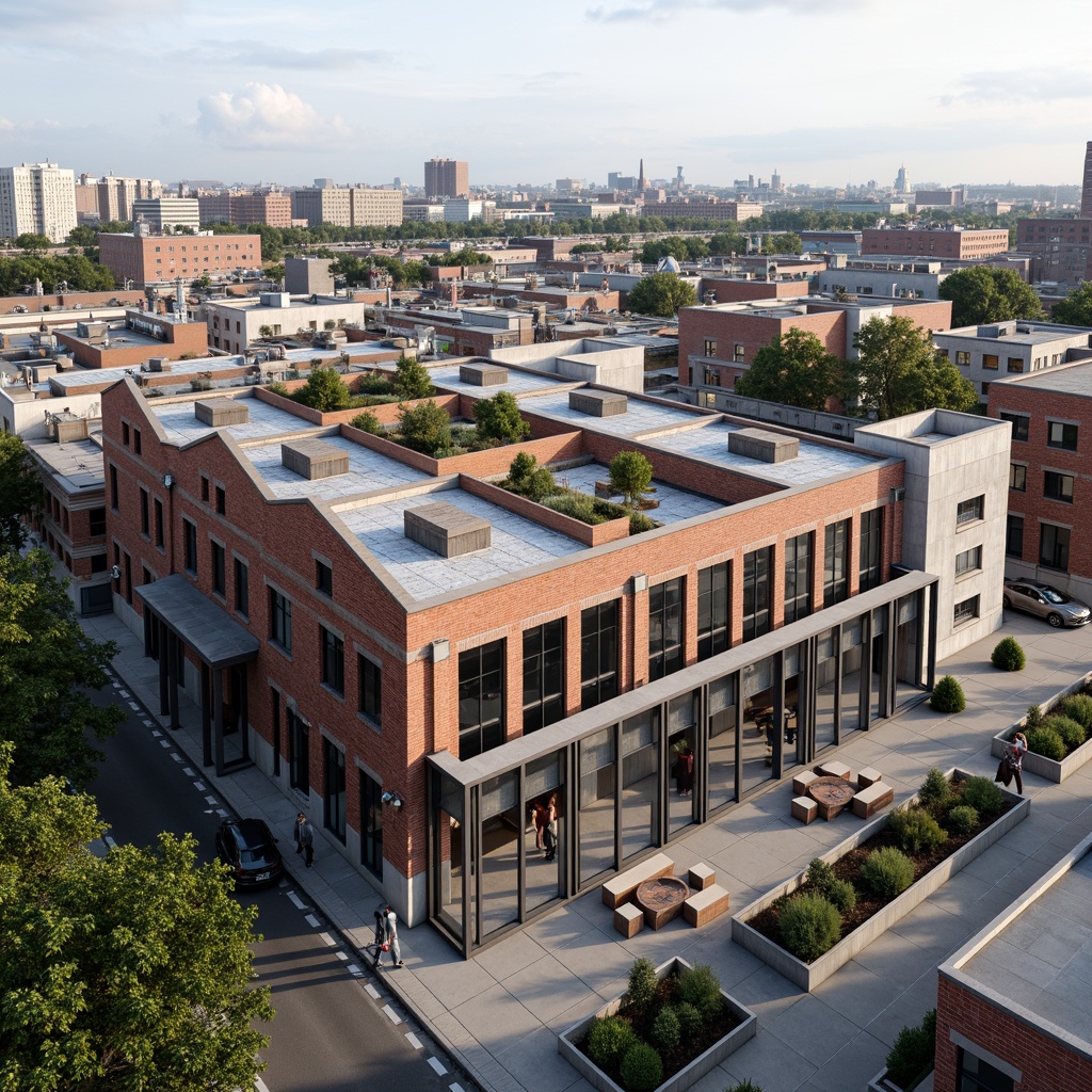 Prompt: Industrial heritage site, converted factory buildings, exposed brick walls, metal beams, large windows, urban landscape, city skyline, bustling streets, modern amenities, rooftop gardens, green roofs, industrial chic decor, reclaimed wood accents, metal cladding, minimalist design, functional spaces, open floor plans, natural light, airy atmosphere, shallow depth of field, 1/1 composition, realistic textures, ambient occlusion.